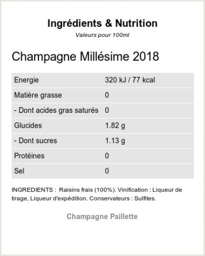 Champagne Millesime 2018 - Ingrédients et Nutrition 